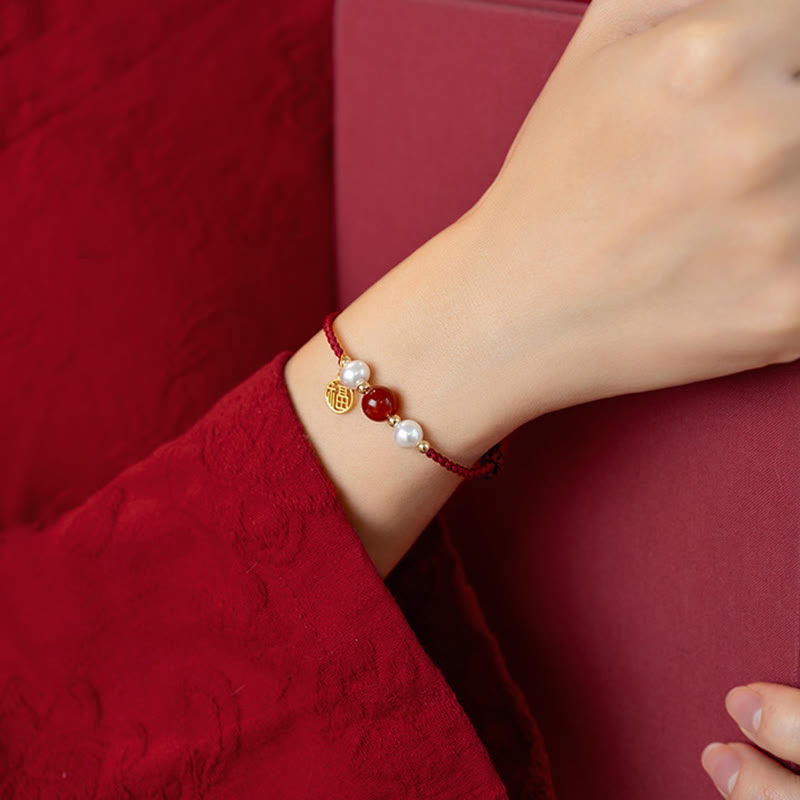 KarmaRipple's 925 Sterling Silver Good Fortune Fu Character Agate Pearl Red String Braid Bracelet p14