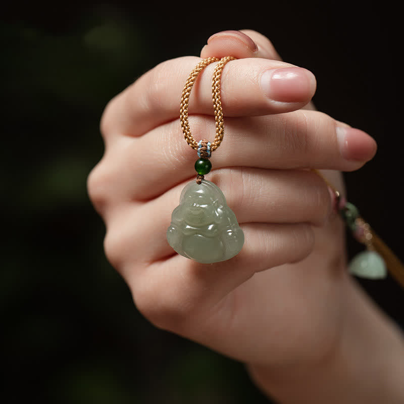 KarmaRipple's Laughing Buddha Jade Lotus Prosperity String Pendant Necklace p3