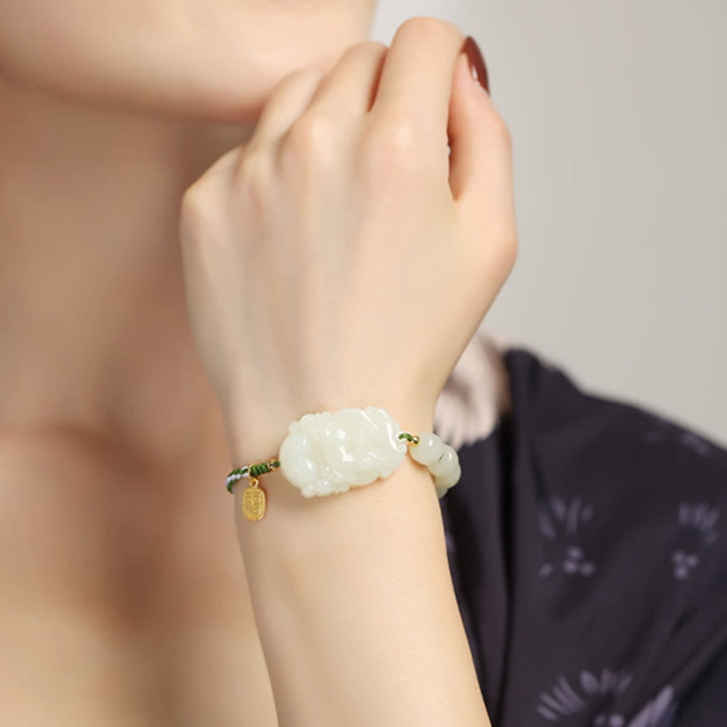 KarmaRipple's 925 Sterling Silver Chinese Zodiac Hetian Jade Happiness Fortune String Bracelet p17