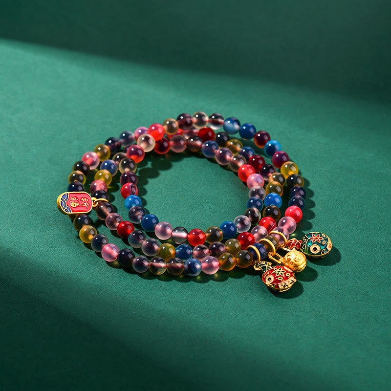 KarmaRipple's Colorful Candy Agate Gold Swallowing Beast Family Strength Talisman Triple Wrap Bracelet p7