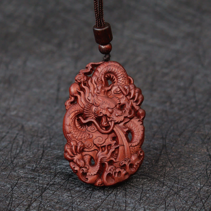 KarmaRipple's Lightning Struck Jujube Wood Double Dragon Relief Ward Off Evil Spirits Pendant Necklace p7