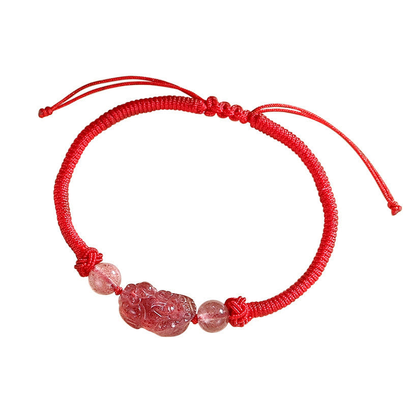 KarmaRipple's Handmade Authentic Silver Sheen Obsidian Strawberry Quartz PiXiu Protection Woven Bracelet p2