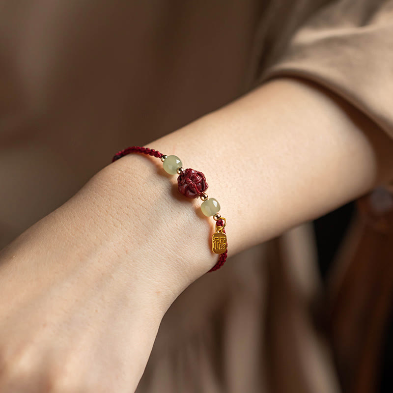 KarmaRipple's Authentic Cinnabar Chinese Zodiac Hetian Jade Fu Character Fortune Rope Bracelet p17
