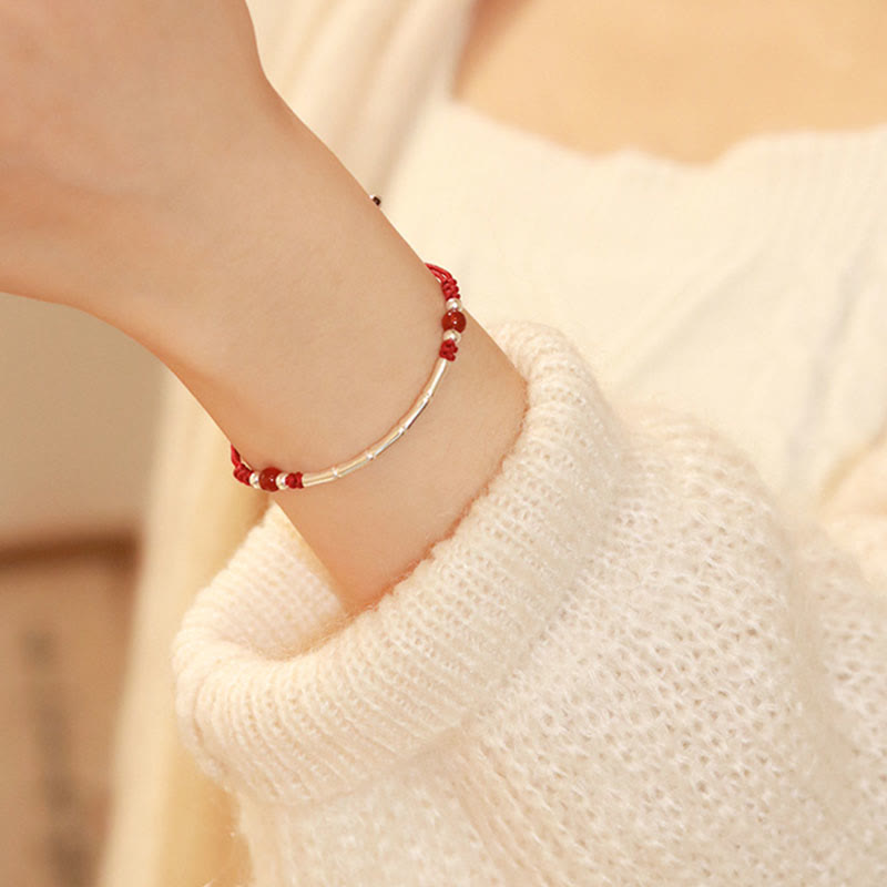 KarmaRipple's 925 Sterling Silver Bamboo Ivory Agate Red Agate Bead Protection String Woven Bracelet p6