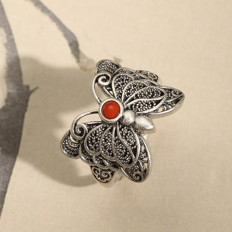 KarmaRipple's 925 Sterling Silver Red Agate Butterfly Self-acceptance Ring Earrings Set p5