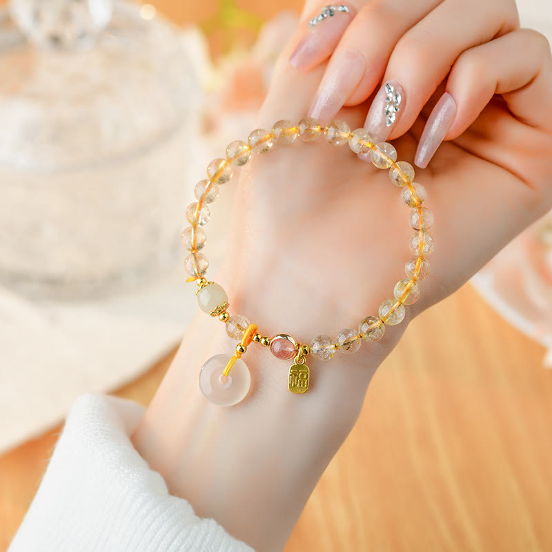 KarmaRipple's Authentic Golden Rutilated Quartz Fu Character Peace Buckle Talisman Wealth Bracelet p1