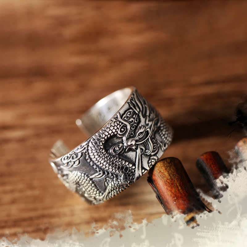 KarmaRipple's 999 Sterling Silver Dragon Carved Pattern Protection Success Ring p6