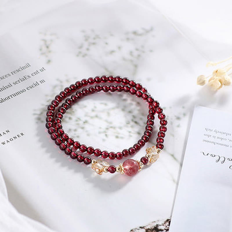 KarmaRipple's 14K Gold Plated Authentic Garnet Strawberry Quartz Butterfly Protection Double Wrap Bracelet p1
