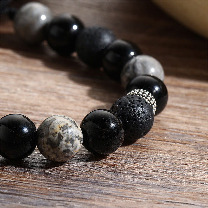 KarmaRipple's Vintage Lava Rock Black Obsidian Picasso Jasper Beadwork Support Rope Bracelet p10