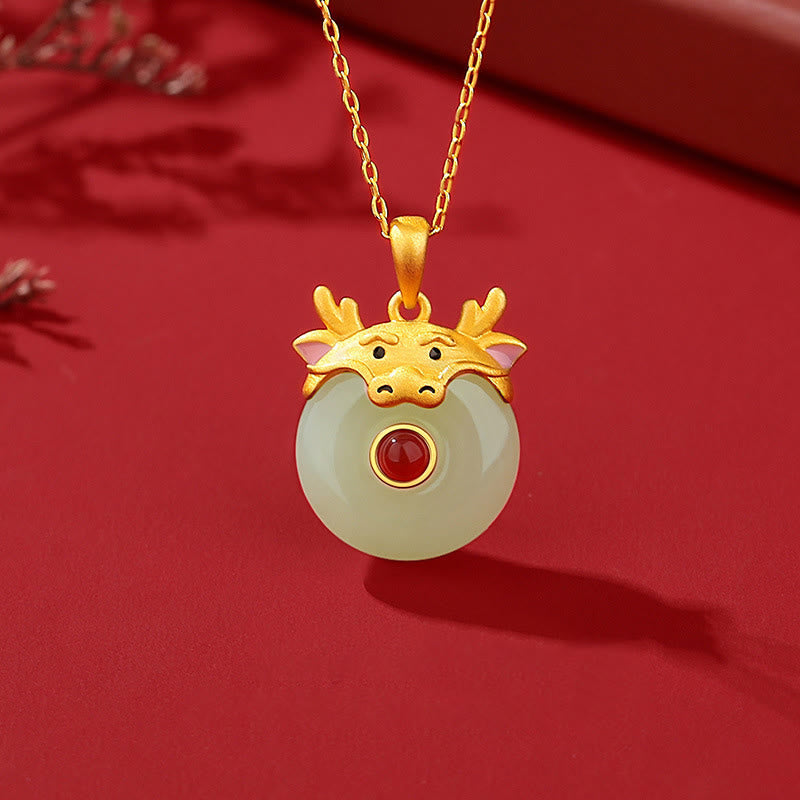 KarmaRipple's 925 Sterling Silver Hetian Jade Chinese Zodiac Year of the Dragon Red Agate Fortune Protection Pendant Necklace ( p1