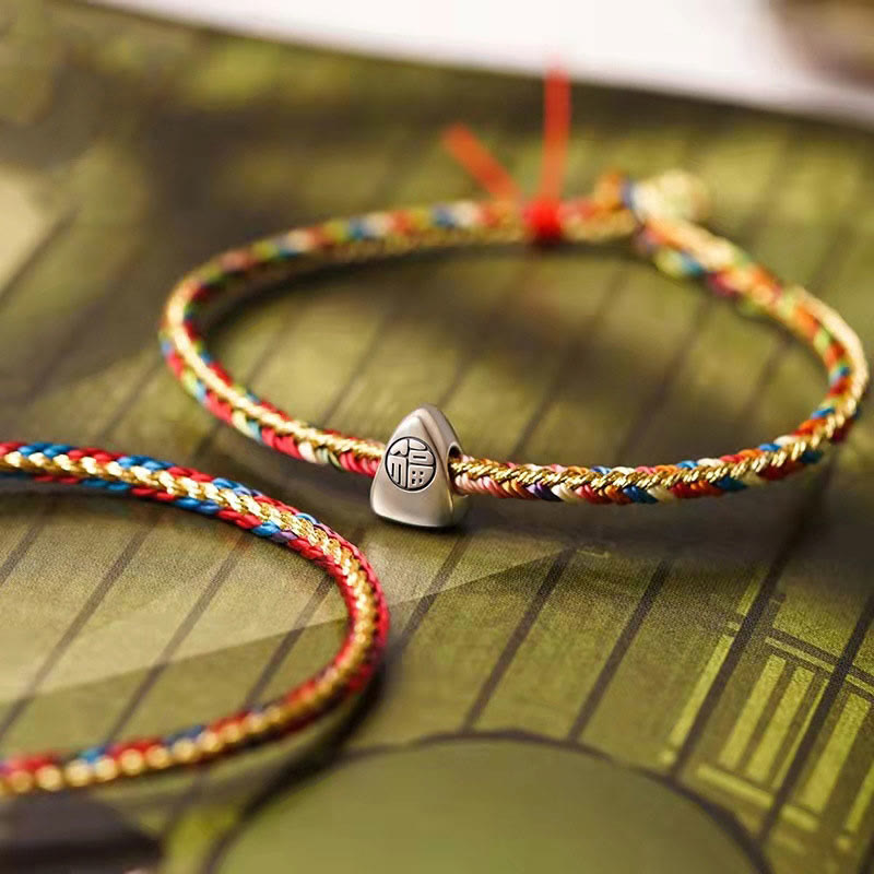 KarmaRipple's 925 Sterling Silver Fu Character Zongzi Pattern Multicolored String Fortune Handmade Woven Bracelet p1