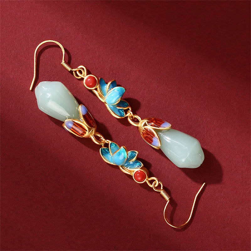 KarmaRipple's Magnolia Flower Jade Pattern Fortune Prosperity Drop Dangle Earrings p3