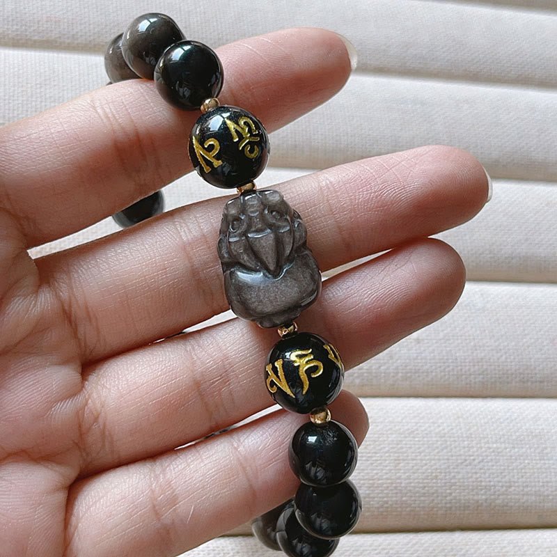 KarmaRipple's Authentic Silver Sheen Obsidian Black Obsidian Om Mani Padme Hum Pixiu Protection Bracelet p5