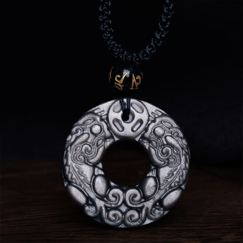 KarmaRipple's Authentic Silver Sheen Obsidian Double PiXiu Bronze Coin Peace Buckle Protection Pendant Necklace p6