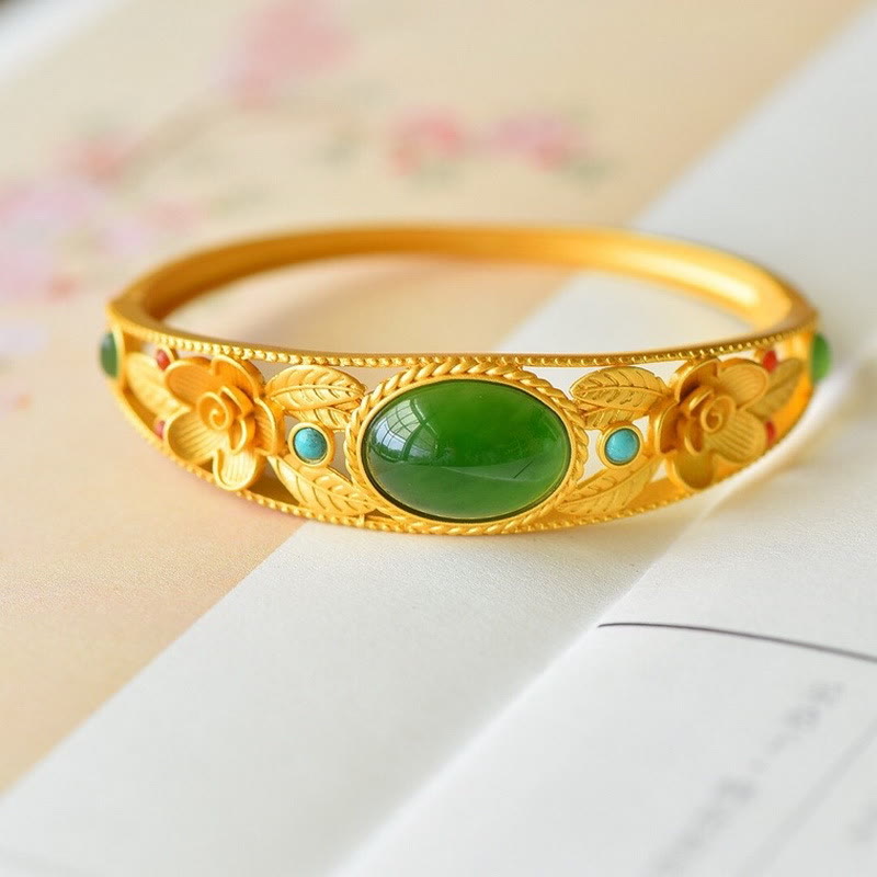 KarmaRipple's Cyan Jade Ivory Jade Flower Leaf Balance Fortune Bracelet Bangle p1