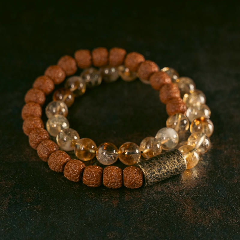 KarmaRipple's Authentic Citrine Gemstone Rudraksha Bodhi Seed Brass Bead Prosperity Double Wrap Bracelet p2