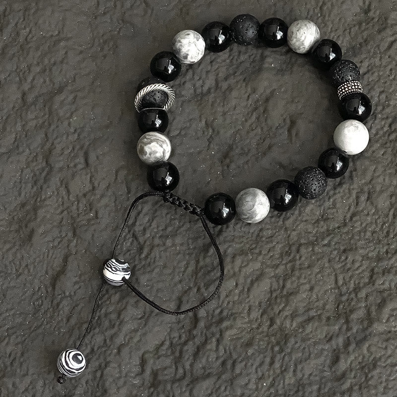 KarmaRipple's Vintage Lava Rock Black Obsidian Picasso Jasper Beadwork Support Rope Bracelet p11