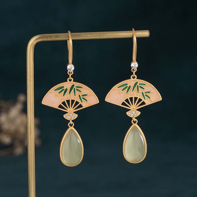 KarmaRipple's Authentic Green Aventurine Fan Pattern Fortune Drop Earrings p3