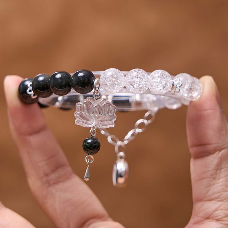 KarmaRipple's Silver Sheen Obsidian Crackle Clear Quartz Black Rutilated Quartz Yin Yang Lotus Protection Bracelet p13
