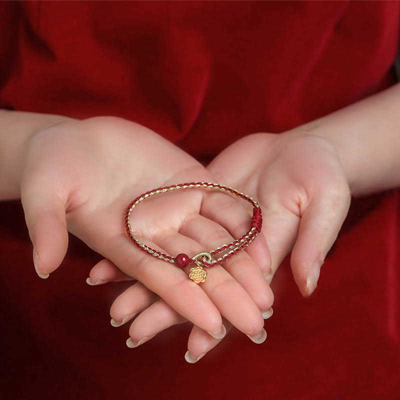 KarmaRipple's Handmade 925 Sterling Silver Lotus Cinnabar Gold Bead Blessing Braid Bracelet p10