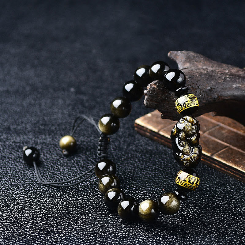 KarmaRipple's Authentic Gold Sheen Obsidian PiXiu Om Mani Padme Hum Wealth Woven Bracelet p7
