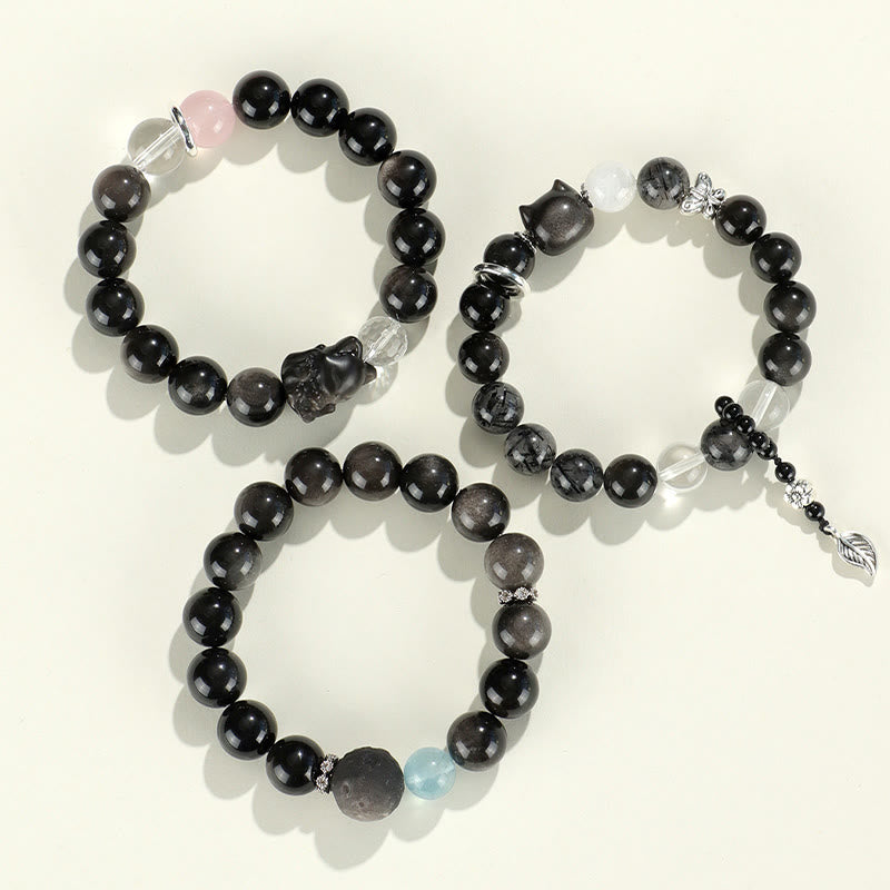 KarmaRipple's Authentic Silver Sheen Obsidian Cat Head Fox Planet Protection Bracelet p12