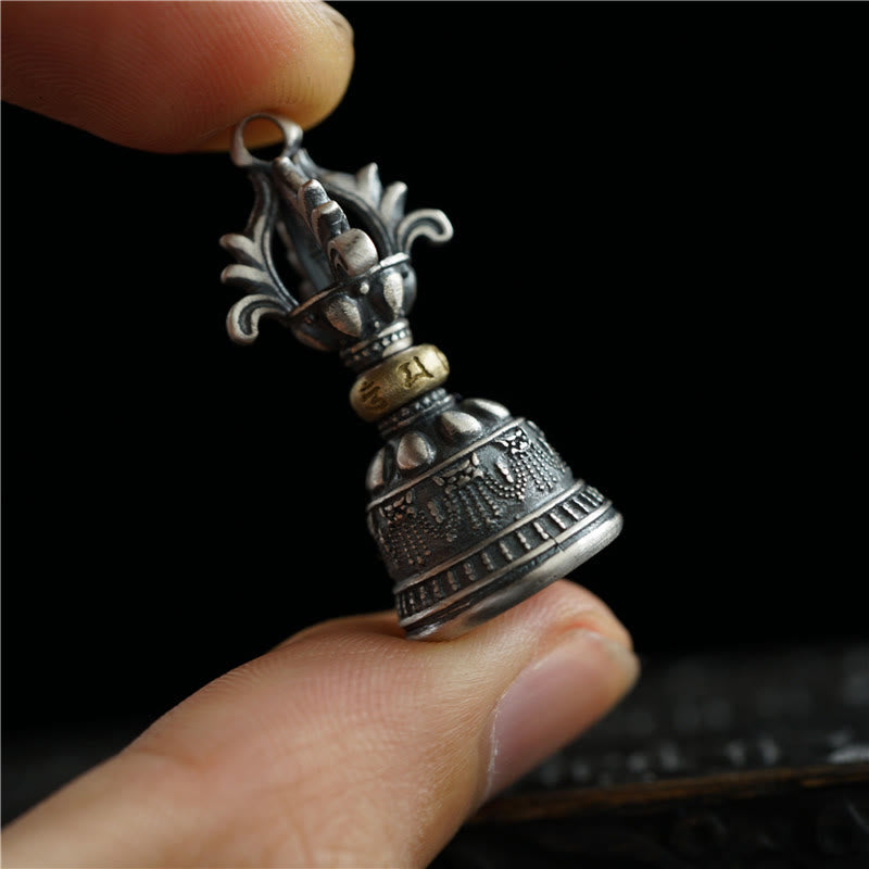 KarmaRipple's Tibet 925 Sterling Silver Om Mani Padme Hum Dorje Bell Vajra Engraved Enlightenment Necklace Hanging Decoration p1
