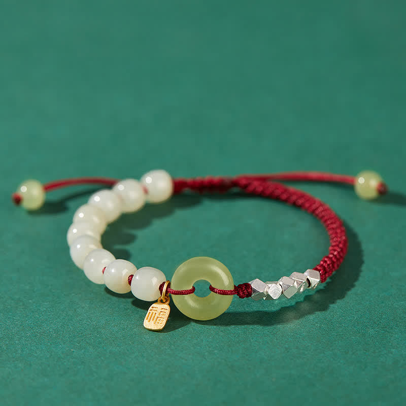 KarmaRipple's 925 Sterling Silver Hetian Jade Peace Buckle Beaded Fortune Happiness Talisman Bracelet p30