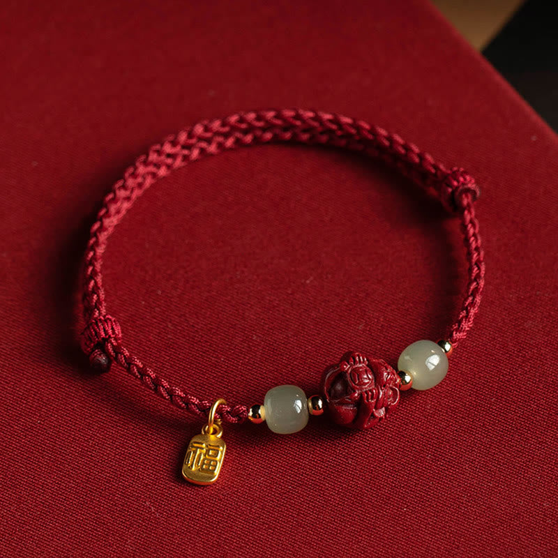 KarmaRipple's Authentic Cinnabar Chinese Zodiac Hetian Jade Fu Character Fortune Rope Bracelet p20