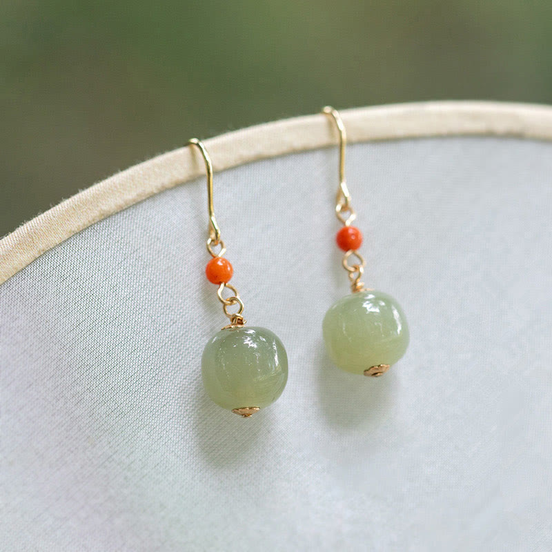 KarmaRipple's 925 Sterling Silver 14K Gold Plated Hetian Jade Red Agate Fortune Drop Dangle Earrings p3