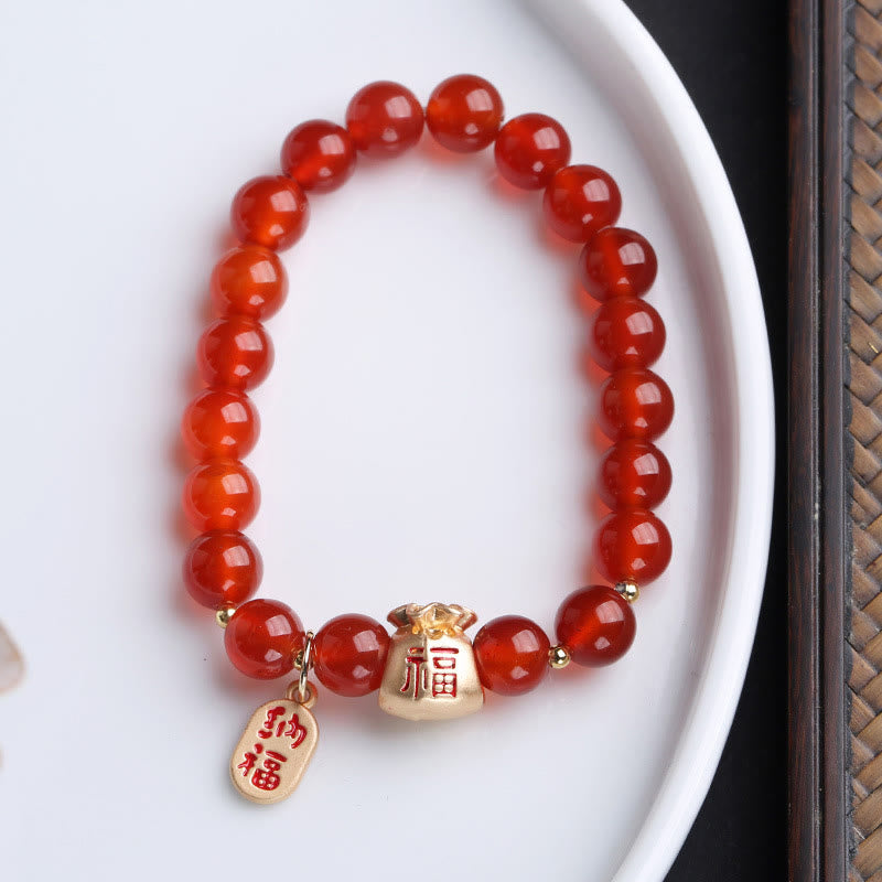 KarmaRipple's Authentic Ivory Agate Red Agate Money Bag Fu Character Four Leaf Clover Protection Bracelet p19
