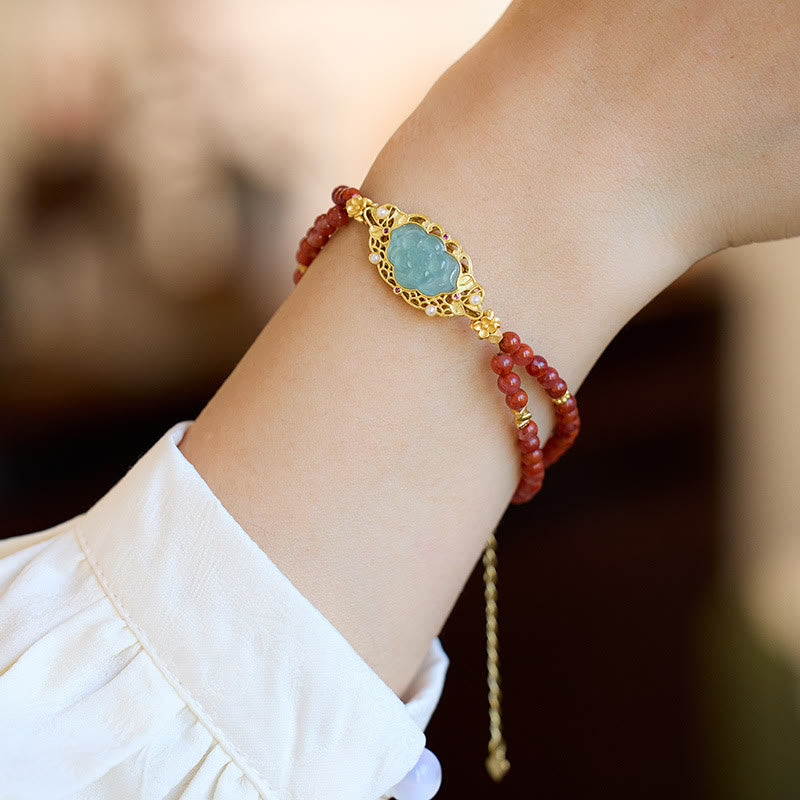 KarmaRipple's 925 Sterling Silver Plated Gold Authentic Red Agate Lotus Jade Calm Double Layer Bracelet p3