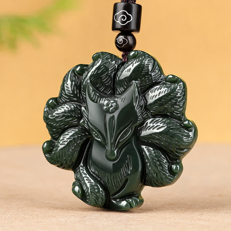 KarmaRipple's Hetian Cyan Jade Nine Tailed Fox Fortune Pendant String Necklace p8
