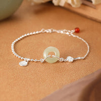 KarmaRipple's 925 Sterling Silver Hetian Jade Peace Buckle Fu Character Fortune Chain Bracelet