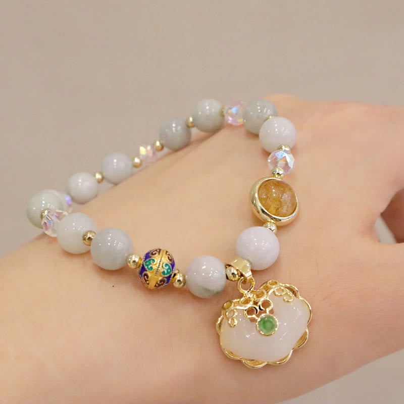 KarmaRipple's Strawberry Quartz Green Gemstone Amethyst Balancing Chinese Lock Talisman Bracelet p12