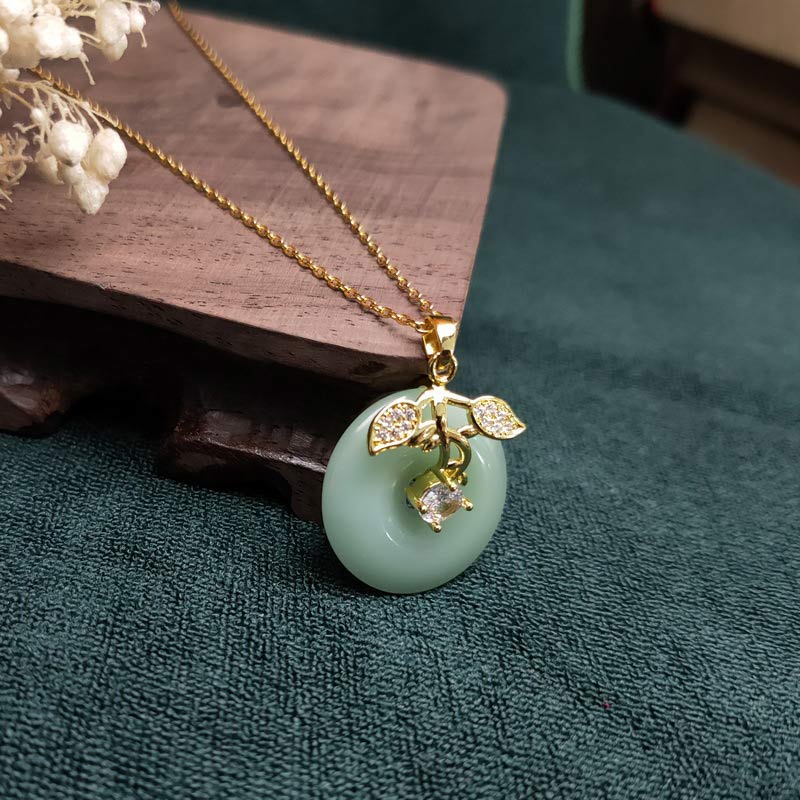 KarmaRipple's Round Jade Leaf Blessing Fortune Pendant Chain Necklace p2