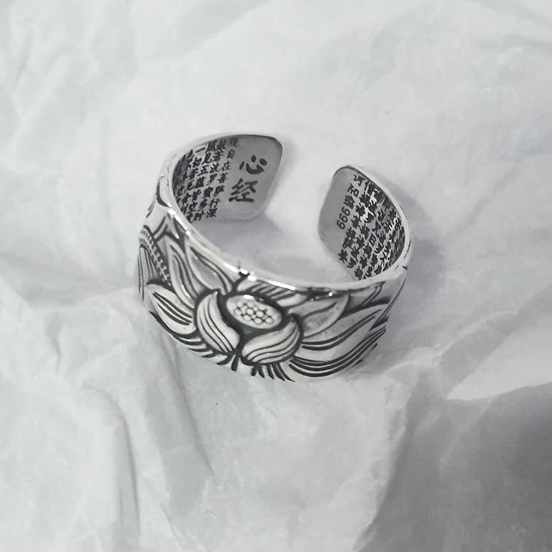 KarmaRipple's 999 Sterling Silver Lotus Symbol Heart Sutra Protection Ring p5