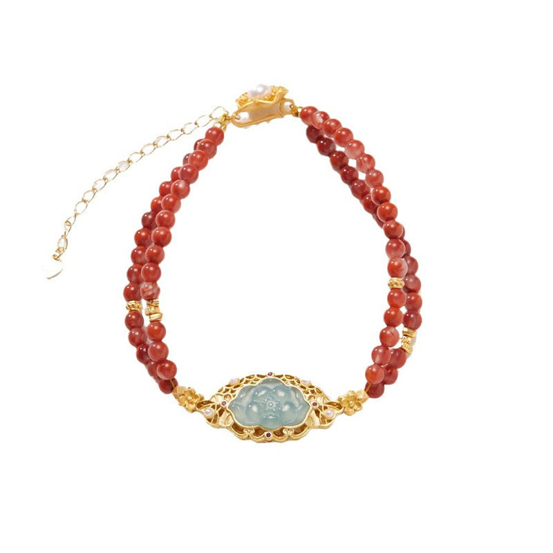 KarmaRipple's 925 Sterling Silver Plated Gold Authentic Red Agate Lotus Jade Calm Double Layer Bracelet p6