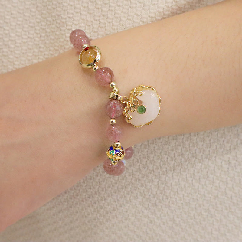 KarmaRipple's Strawberry Quartz Green Gemstone Amethyst Balancing Chinese Lock Talisman Bracelet p9