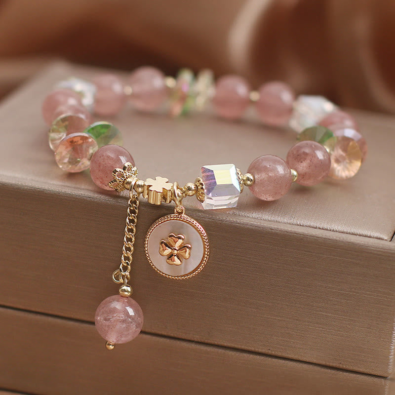 KarmaRipple's Strawberry Quartz Fortunate Four Leaf Clover Balancing Talisman Bracelet p6