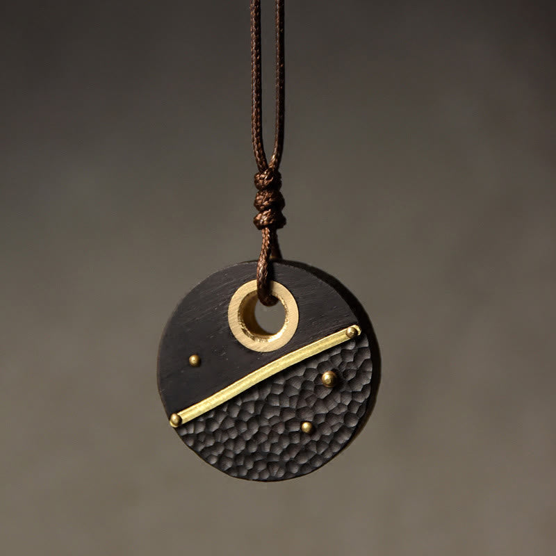 KarmaRipple's Handcrafted Round Ebony Wood Bronze Peace Pendant Necklace p1