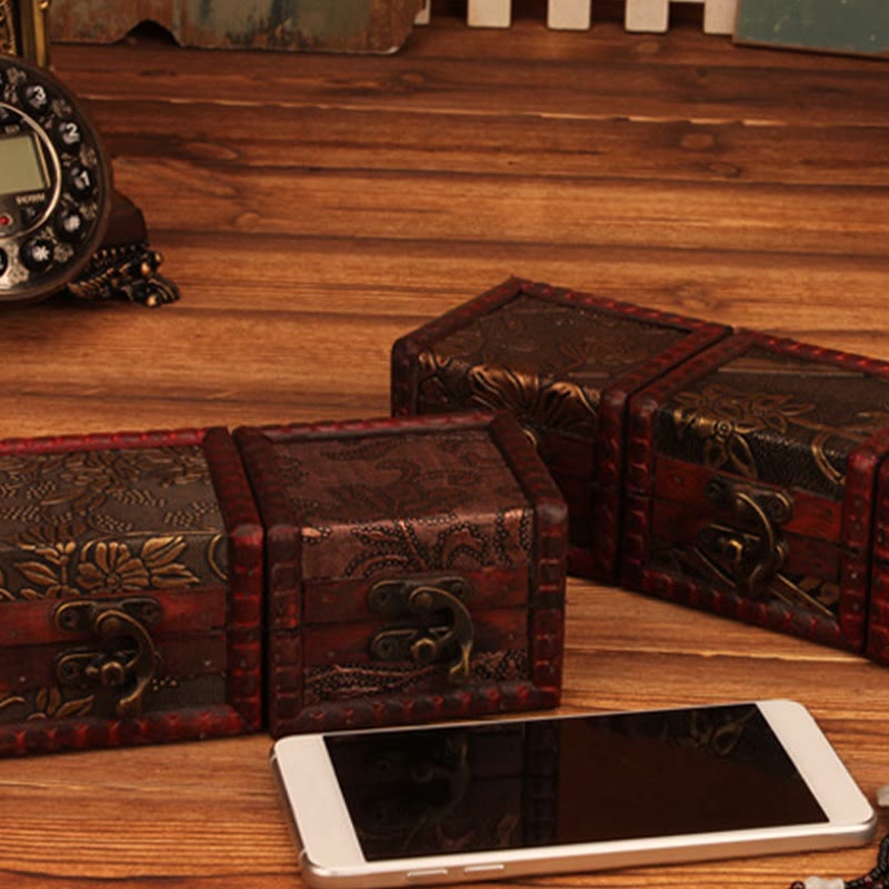 KarmaRipple's Retro Small Square Wood Jewelry Box Lotus Grass Flower Grape Bronze Coin Daffodil Jewelry Storage Box p29