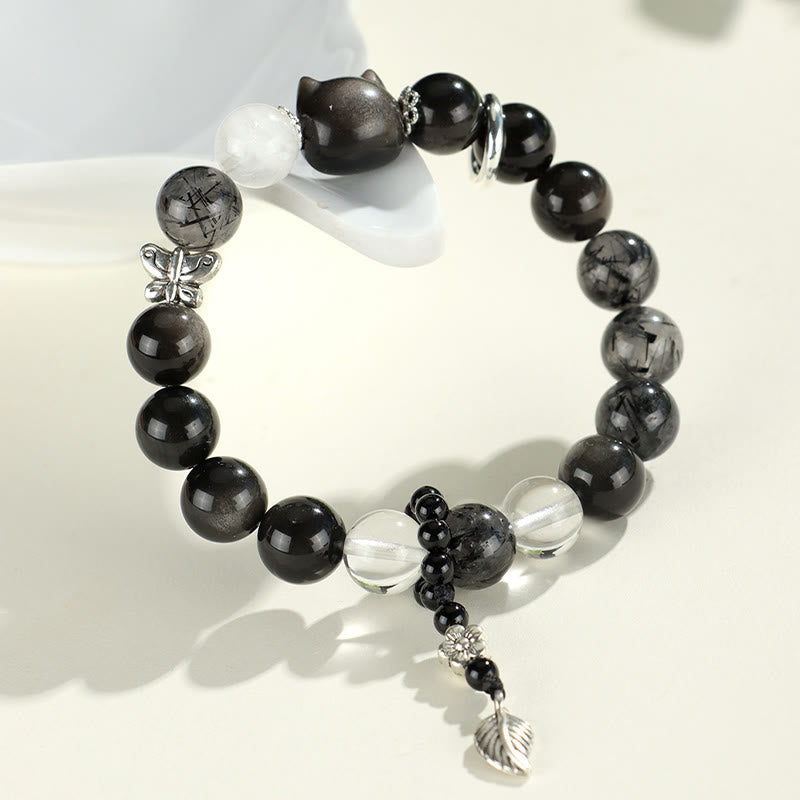 KarmaRipple's Authentic Silver Sheen Obsidian Cat Head Fox Planet Protection Bracelet p5