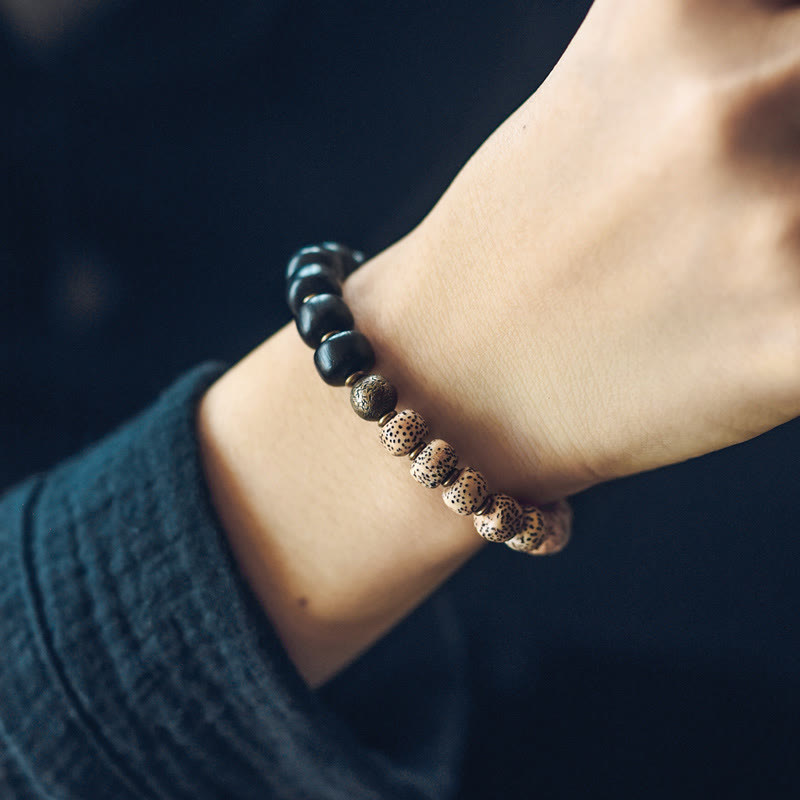 KarmaRipple's Tibetan Bodhi Seed Black Obsidian Ebony Wood Bronze Peace Bracelet p9