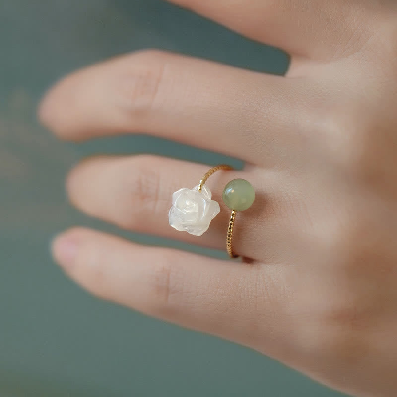 KarmaRipple's 14K Gold Plated Tridacna Stone'se Flower Jade Bead Blessing Ring p8