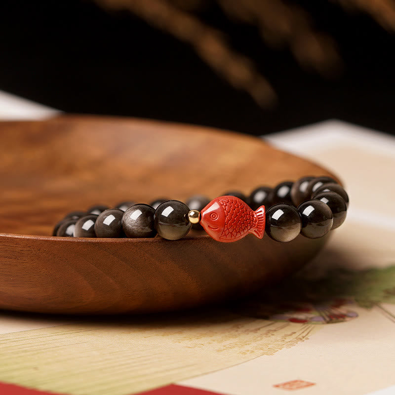 KarmaRipple's Authentic Silver Sheen Obsidian Cinnabar Koi Fish Soothing Protection Bracelet p3