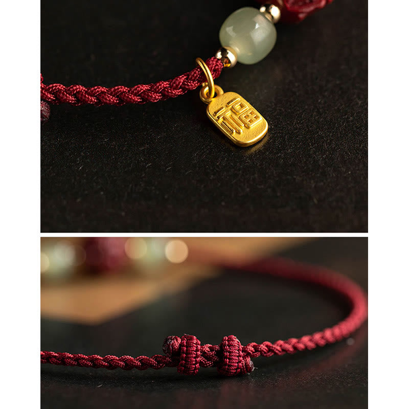KarmaRipple's Authentic Cinnabar Chinese Zodiac Hetian Jade Fu Character Fortune Rope Bracelet p26