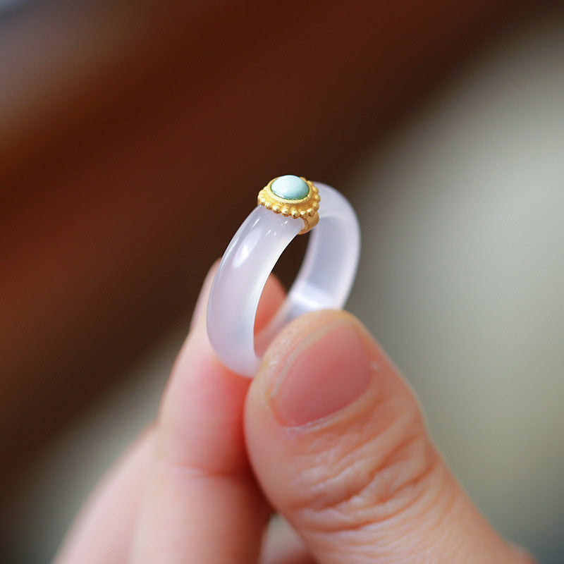 KarmaRipple's Ivory Agate Cyan Jade Turquoise Red Agate Fortune Protection Ring p24