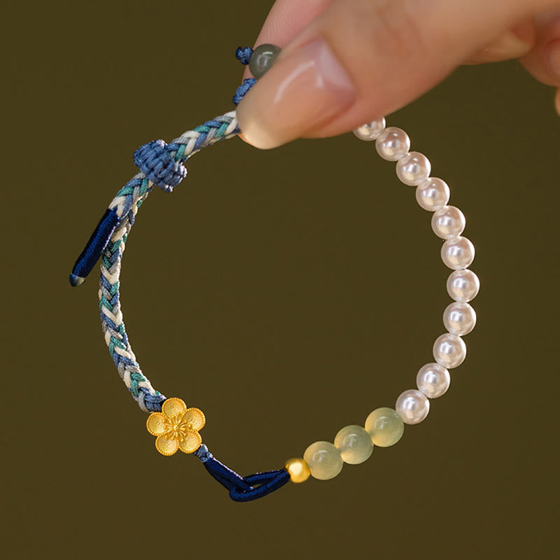 KarmaRipple's 925 Sterling Silver Hetian Jade Peach Blossom Flower Pearl Woven Fortune Bracelet p5