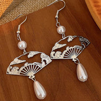 KarmaRipple's Bronze Fan Auspicious Clouds Pearl Balancing Drop Earrings
